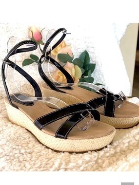 Ann Taylor Loft Black patent leather Espadrille Sandals Sz 8.5